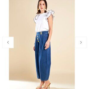 NWOT Anthropologie English Factory Merrow Stitch White Ruffled Top Sz L